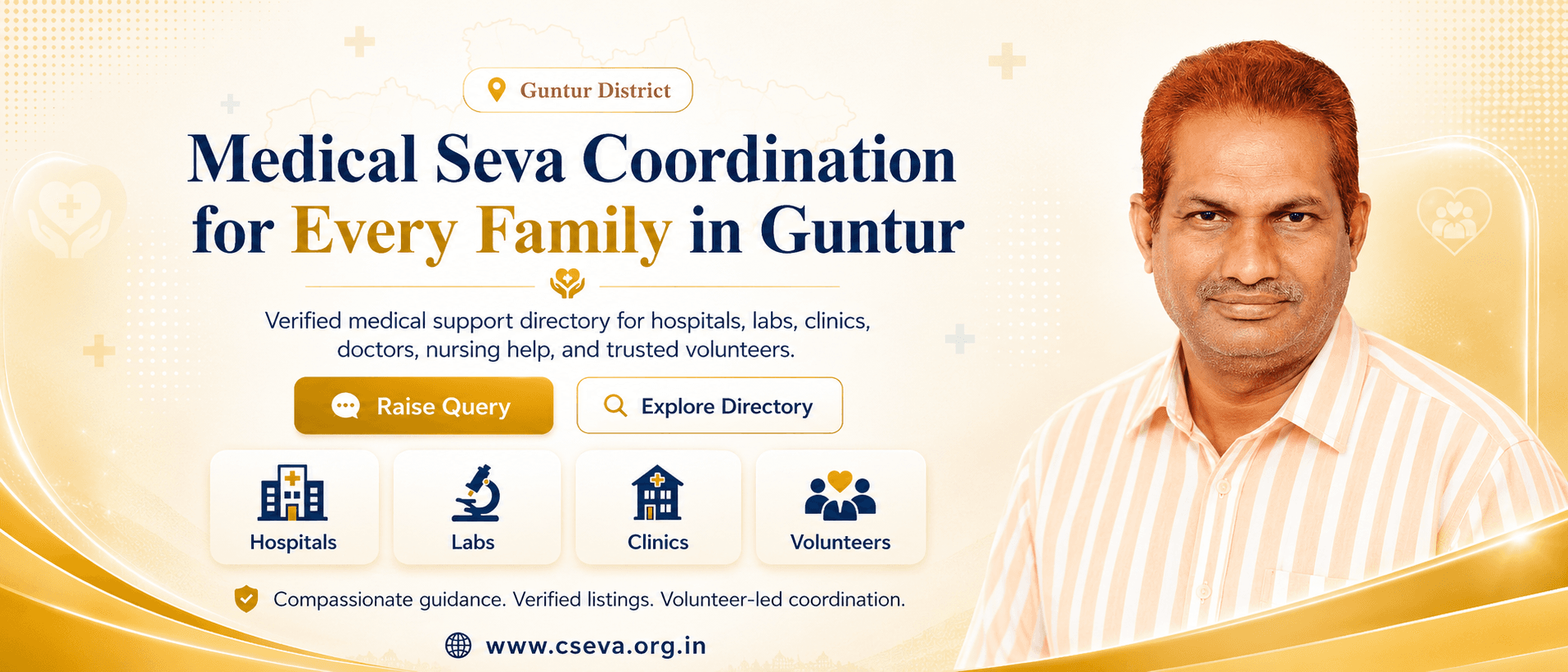 Medical Seva Coordination for every family in Andhra Pradesh. Verified medical support directory for hospitals, labs, clinics, doctors, nursing help, and trusted volunteers.